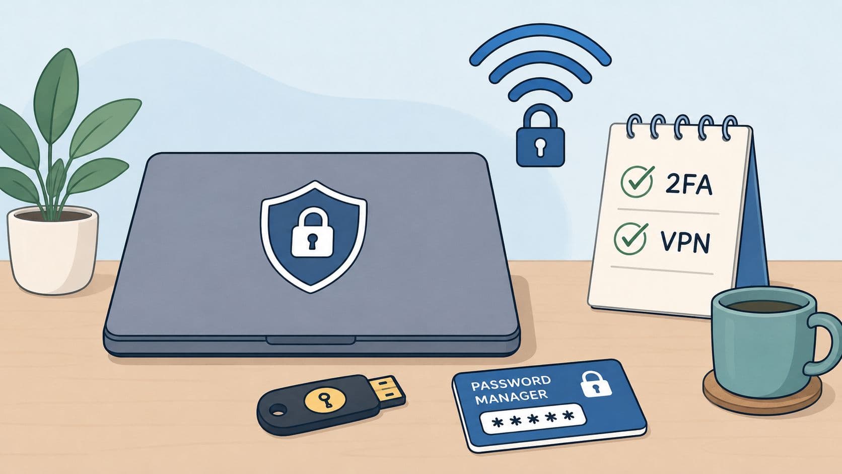 Home workspace with laptop, VPN, password manager, and two-factor authentication tools