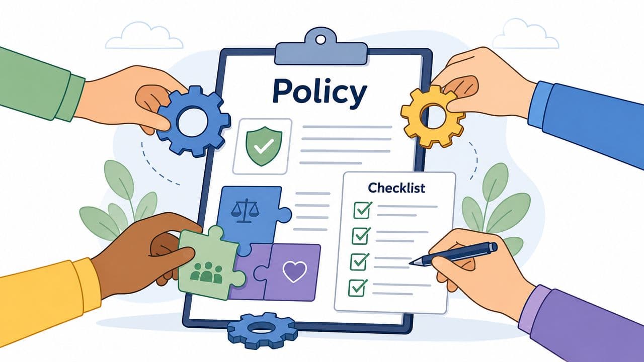Diverse team collaboratively managing company policy documents