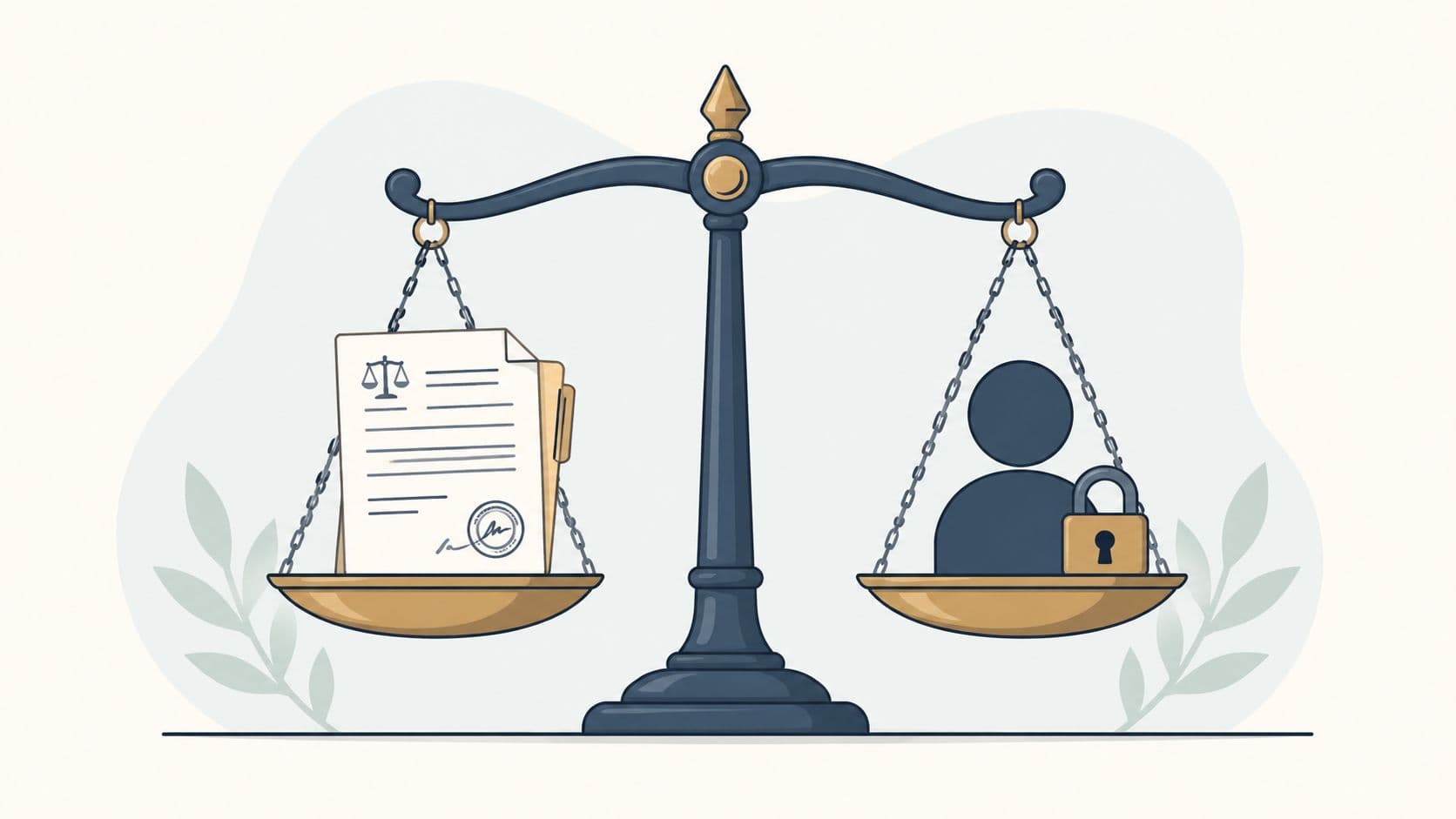 Balance scale weighing legal documents against a person with a padlock symbol