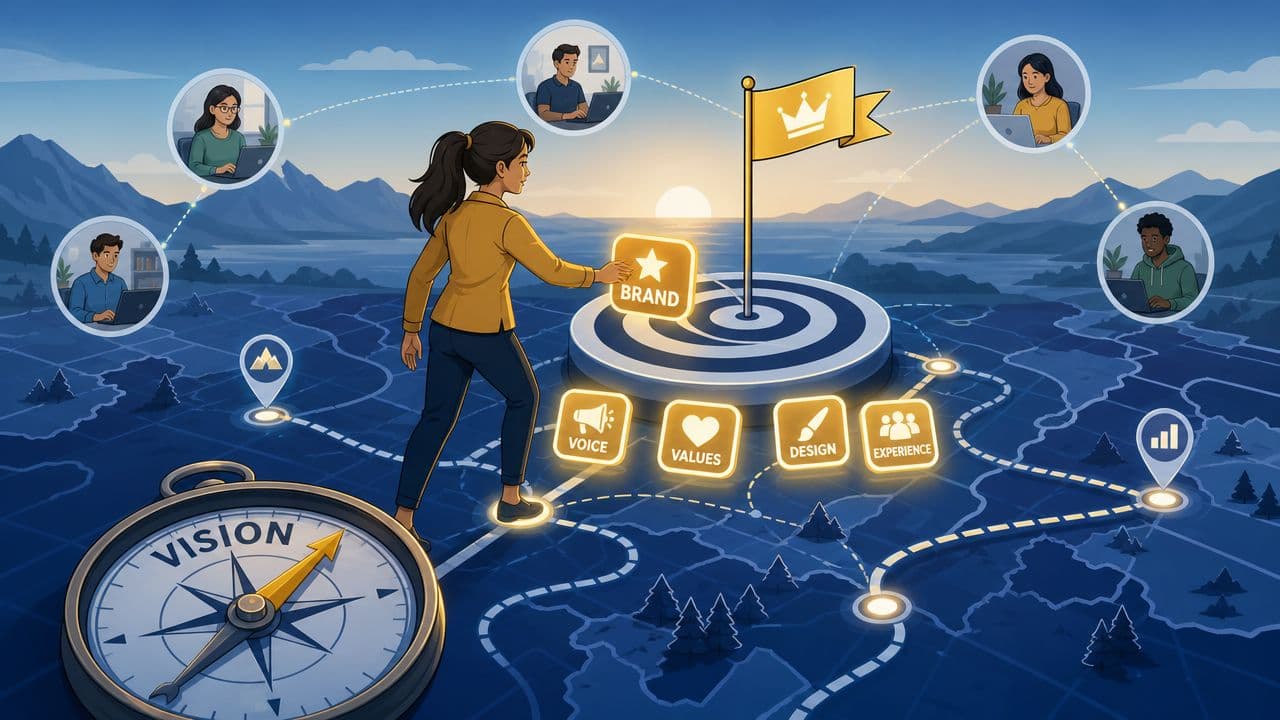 Leader guiding a remote team toward a central brand target
