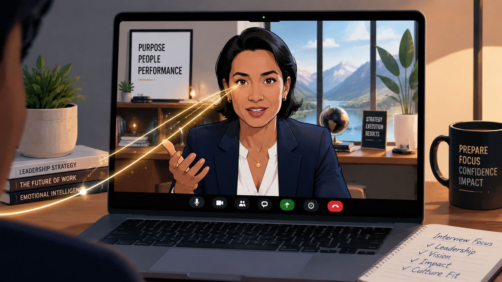Professional participating in a remote video interview on a laptop