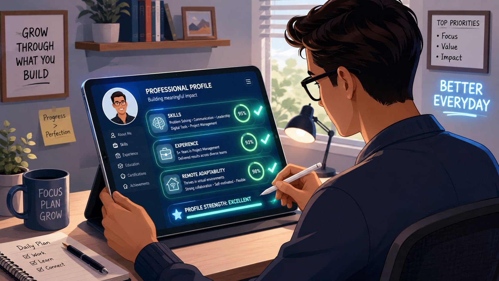 Professional reviewing a digital profile with skill ratings and leadership attributes