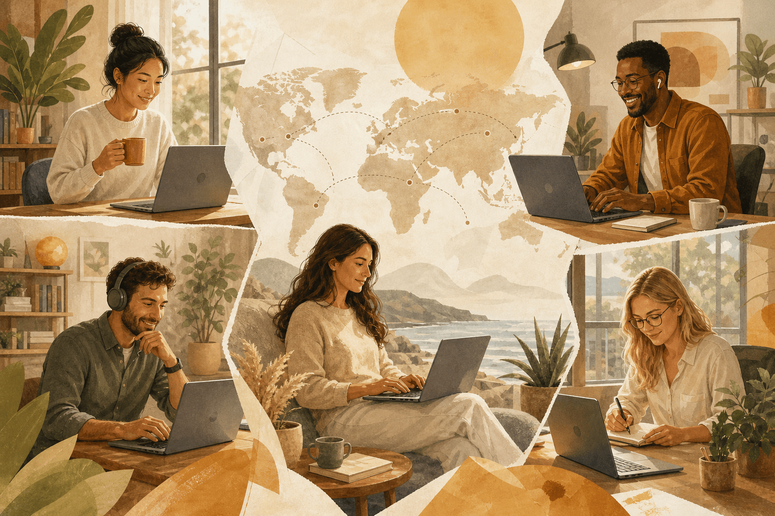 Global remote teams working from home offices